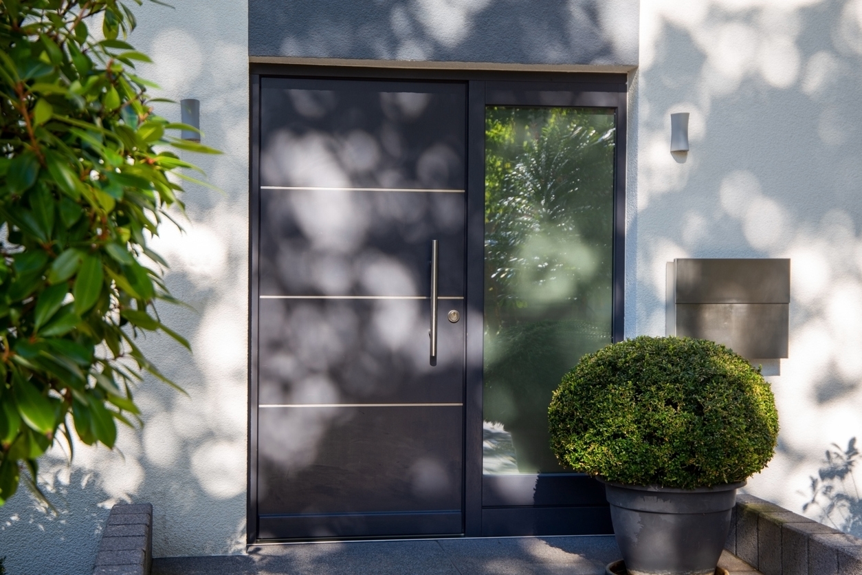 Modern front door framed by greenery and soft dappled light