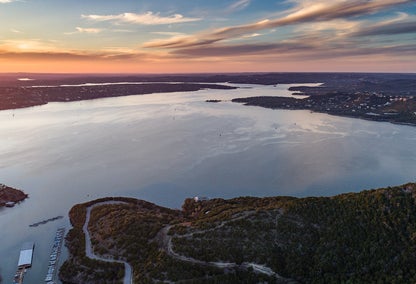 Aerial view over Lake Travis reservoir during sunset, Texas